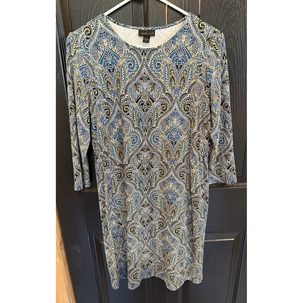 J.Jill Wearever Collection Sz Small Petite Paisley Damask Shift Dress 3/4 Sleeve